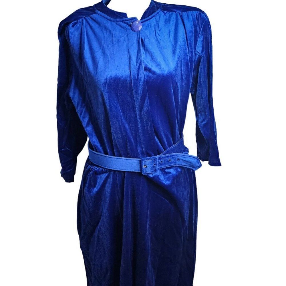 Vintage 80s Midi Dress Womens Size M Blue Velvet Long Sleeves Belted